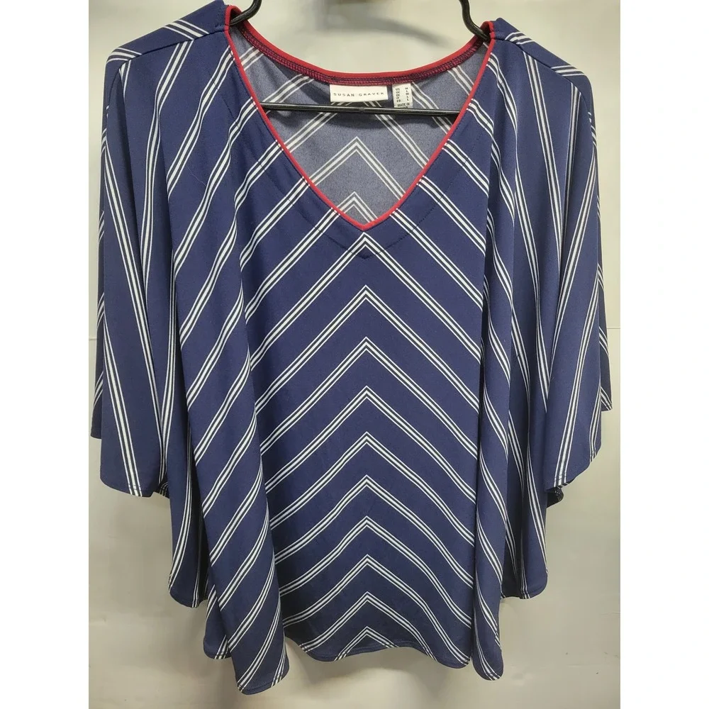 Susan Graver Women Liquid Knit‎ Red Stripe V Neck Kaftan Top Bat Wing Sleeve M/L